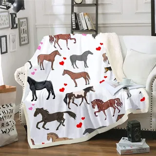 Loussiesd Niedliche Pferdedecke 130x150cm für Kinder Mädchen Ponys Herz Fleecedecke Ganzjahres Kuscheldecke Couch Sofa wirft Cartoon Nutztiere Sherpa Decke Pferd Fuzzy Wohndecke Atmungsaktiv Decke