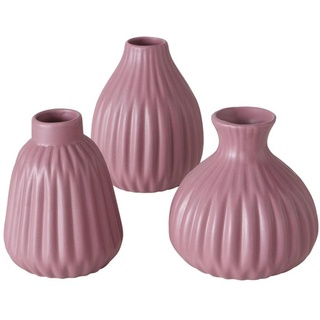 Deko Vase im 3er Set aus Keramik Mattes Design mit Rillen Höhe 12 cm Blumenvase Tischdekoration - Dunkel Rosa
