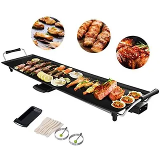 FANTASK Teppanyaki Grill 90x23cm, Elektrische Grillplatte 1800W, Elektrogrill mit Antihaftbeschichtung, 6 Holzspateln und Antihaft-Eierring, Tischgrill Temperatur verstellbar