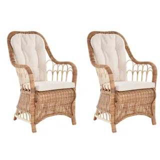 Set / 2 Rattan Esszimmerstuhl mit Armlehne Hohe Rückenlehne Rattan Sessel Natur