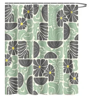 Coonoor Duschvorhang Boho Duschvorhang mit abstraktem, buntem Blumenmuster Breite 180 cm (1-tlg), Vintage Retro Patchwork – Geometrisches Botanisches Design für das Bad grau|grün