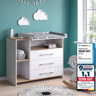 Vicco Wickelkommode Oskar, Weiß/Goldkraft Eiche, 113 x 93 cm mit 3 Schubladen, Model 55591 | Weiß/Braun