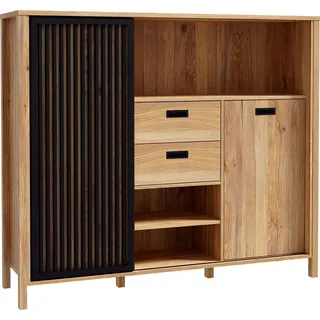 Forte JYTANA schwarz Mauvella eiche, schwarz), B:149,9cm H:129,9cm T:40,2cm, Holzwerkstoff, Sideboards, Highboard, Breite 149,9 cm, Schiebetüre mit Lamellenoptik, Mauvella Eiche/Schwarz