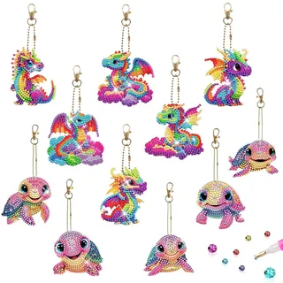 DNWFZ Diamond Painting Schlüsselanhänger, 11-teilig, 5D, Diamant-Malerei, Kinder, Drache, DIY, Diamant-Stickerei, Schlüsselanhänger, Schildkröte, Diamantmalerei, Schlüsselanhänger, Anfänger, Kinder