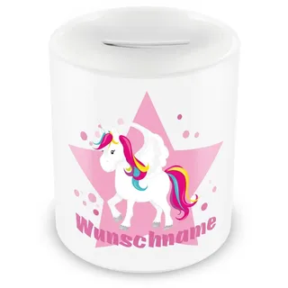 Samunshi® Kinder Spardose mit Namen und Großes Einhorn als Motiv für Kinder - Jungen und Mädchen Sparschwein 330ml weiß