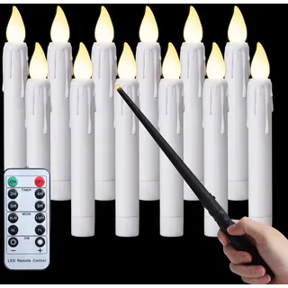 FREEPOWER 12er Schwebende LED Kerzen Weiß mit Zauberstab - Fernbedienung und Timer - Warmweiß Flackern - Batteriebetrieben Stabkerzen 17cm - Outdoor Wasserdicht