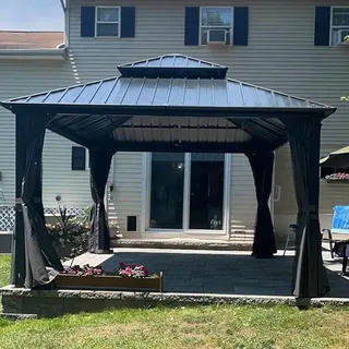 Domi 2,98x2,98 m Outdoor Hardtop Pavillon mit festem Dach, Metall Pavillon mit verzinktem Stahldach, mit Vorhängen und Moskitonetz, für Terrasse, Grau