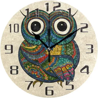linomo Wanduhr, niedliche Tier-Eule, Wanduhr, geräuschlos, Nicht tickend, rund, für Küche, Wohnzimmer, Schlafzimmer, Badezimmer, Büro