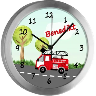 CreaDesign Kinder Funkwanduhr mit (Wunsch) Namen | Kinderzimmer Funkuhr| mit Analog ? Ziffernblatt | geräuscharm | Wanduhr Kind | Motiv Feuerwehr Landschaft