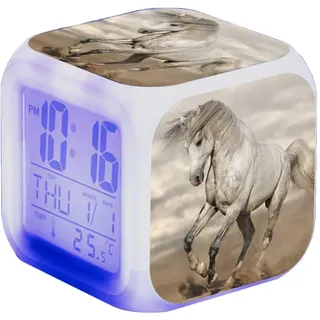 Nicole Knupfer Wecker Pferde Tier Alarm Kinder Beleuchteter LED Night Glowing Wecker mit Licht Aufwachen Geburtstagsgeschenke für Erwachsene (L)