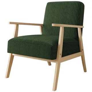 MIRJAN24 Sessel Retro Cord (mit Wellenfeder), mit Holzarmlehne, Lehnstuhl grün