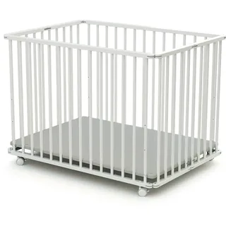 WEBABY - Laufstall Baby Faltbar Holz mit rollen und matte70x100 Weiß | Faltbarer Laufstall | 3 Stufen Höhenverstellbar | Waschbarer Boden | Für Kinder bis 24 Monate