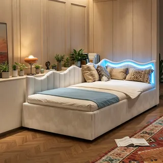 Jookgbd-schlafsofa Polsterbett 90x200cm,einzelbett Mit Bettkasten Und Stauraum,daybett Tagesbett Mit Led Kopfteil,lattenrost Inklusive,für Kinder Und Jugendliche,samt,beige