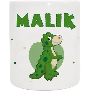 VERSCHENKICH Personalisierte Spardose Kinder mit Namen | Dinomotiv T-Rex | Keramik Spardose als Geschenk (Dino 6 | Dunkelgrün)