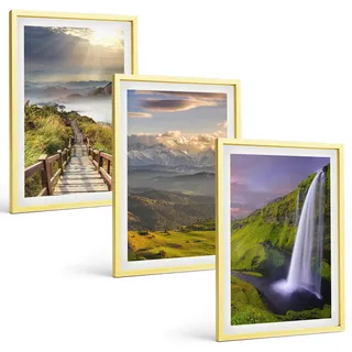 BILDER SET 3er Set - 40x60 cm Goldrahmen - Berglandschaften Wasserfall