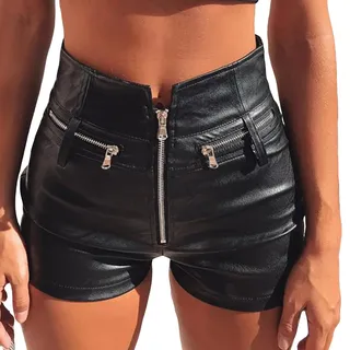 DeaAmyGline Leder Shorts Damen Schwarz - Lederhose Damen Stretch Kurze Hose Sommer Sexy Zipper Slim Fit Hot Pants Clubwear Lederimitat Ledershorts PU Lederoptik Kunstlederhose Motorrad Hosen