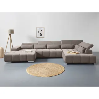Wohnlandschaft COTTA "Orion U-Form", grau (taupe), B:409cm H:73cm T:225cm, 90% Polyester, 10% Polyamid, Sofas, inkl. Kopfteilverstellung und Nierenkissen