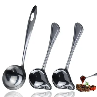 2 Stück Saucenkelle mit Ausgießer, 20,5cm Edelstahl Saucenlöffel, Edelstahlsauce Nieselregenlöffel, SoßenlöFfel,Suppenkelle Klein,für Suppensoßen Bratensoßen Dressings, mit 1 Silber 7cm Suppenlöffel