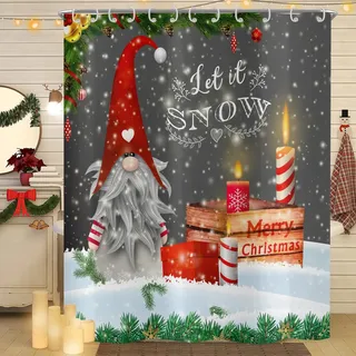 Hnmdmyi Duschvorhang Weihnachten 90x180, Niedliche GNOME Let It Snow Winter Weihnachten Urlaub Badewanne Vorhang Wasserdicht Polyester Stoff Waschbar Badevorhang für Badezimmer mit Haken
