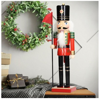 ECD Germany Nussknacker Weihnachten Holzfigur König Puppet Marionette Ornament Nussbrecher, 25cm mit schwarzer Hut Fahne aus Holz Unikat grün|rot|schwarz