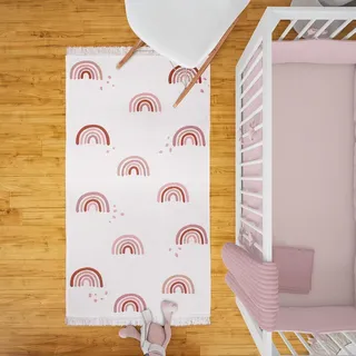 MOYO Kinderzimmer Teppich - Wendeteppich aus 100% recyceltem Garn, Perfekt für die Kinderzimmer Deko, hoher Baumwollanteil, Kinderteppich Regenbogen (150 x 80 cm)
