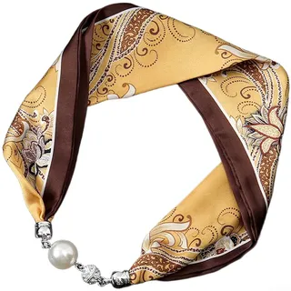 QuivyLivy Damen-Schalhalskette mit magnetischem Perlenverschluss, Retro-Blumendruck-Design, simulierter Seidenschal, einfacher Schnappverschluss, tragen (D)