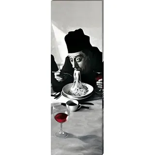 1art1 Kochkunst Poster Spaghetti, Rotwein, Don Camillo Bilder Leinwand-Bild Auf Keilrahmen | XXL-Wandbild Poster Kunstdruck Als Leinwandbild 150x50 cm