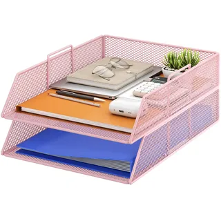 VITVITI Stapelbare Briefablage, Schreibtisch Organizer mit 2 Aktenhalter, für A4 Dokument, Büro Organizer aus Metall, Schreibtischablage für Büroablage, Postkörbe (Rosa)