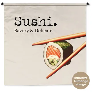 MuchoWow Wandteppich Sushi - Lachs - Reis - Japanisch, Quadratisch, Höhe: 3 mm, Wand Teppich Wohnzimmer, Schlafzimmer, 150x150 cm Quadratisch | 150 cm x 150 cm x 3 mm
