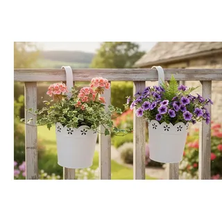 LB H&F Set 2 x Hängetopf Blumentopf zum einhängen Balkontopf Pflanztopf weiss Metall perfekt für Moderne Dekoration und Pflanztöpfe, für Pflanzen im Freien, Balkon, Garten (2)