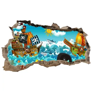3D Wandtattoo Mauerloch Wandsticker Wandaufkleber Durchbruch Kinder selbstklebend H 60 x B 100 Schlafzimmer Kinderzimmer (WL39 Comic Piraten)