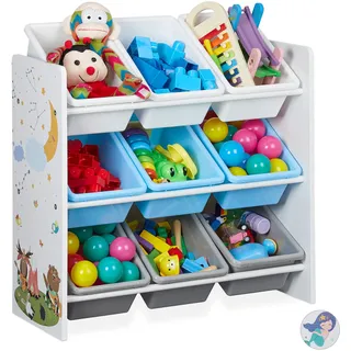 Relaxdays Kinderregal mit 9 Aufbewahrungsboxen Lagerfeuer Motiv 67 x 65 x 31,5 cm MDF Kunststoff mehrfarbig