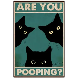 Ruzister Lustige Blechschilder „Black Cat Are You Pooping“, Aluminium-Wanddekoration, Vintage Lustige Katzenmuster Poster, Katze Bild Poster für Badezimmer