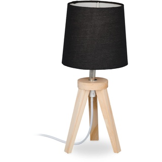 Relaxdays Tischlampe Dreibein, Holz & Stoff, E14, skandinavisches Design, HxD 31 x 14 cm, Nachttischlampe, natur/schwarz