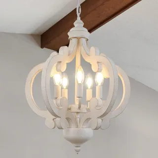 KMaiPem 5 Lichter Kronleuchter Vintage Weiß, Kronleuchter Holz Landhausstil | Höhenverstellbar, Modern Französisch Landhaus Hängelampe Esstisch, Rustikal Pendelleuchte Wohnzimmer, Schlafzimmer, Flur