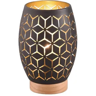 Klein-e Tischleuchte mit Stanzmuster Schwarz innen Gold | Höhe 21cm, mit E27 LED, stufenweise dimmbar, kleine Nachttischlampe, besonderes Lichtspiel, Schlafzimmer & Wohnzimmer