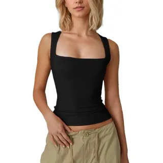 EMOTTOS Damen Sexy Quadratischer Ausschnitt Oberteile, Slim Fit Y2K Spaghetti Cami Tank Tops, Cut Out Ärmelloses Crop Top, Gerippt Sommer Camisole Top für Going Out Club Party, Schwarz, S-XL - XL