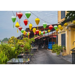 CORFOTO 2.1x1.5m Vietnam Hoi An Stadtstraßen-Hintergrund, Bunte Laternen, Hintergrund, Asien, Vietnam, Reiseparty-Dekor, Frühlingsfest, Fotos, Hintergrund, Portrait, Fotostudio-Requisiten
