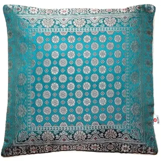 Handgfertigt Türkis Grün Dekokissen aus Indische Banarasi Seide - 40 cm x 40 cm | 16 x 16 Zoll. ***Handgewebt und handgenäht von Kunsthandwerkern aus Kaschmir-Indien***Unsere Markenspezialität***