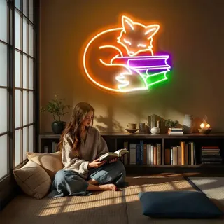 Xusdamyj Fuchs Schlaf auf Buch Neon Zeichen Tier Zeichen, Bibliothekar Geschenk Fuchs Buch Wand-Dekor