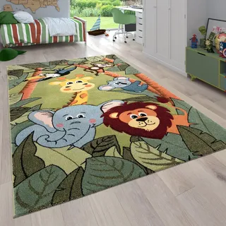 Paco Home Kinderzimmer Kinderteppich Für Jungen Mit Tier U. Dschungel Motiven Kurzflor Grün, 133 Cm Quadrat