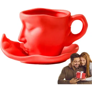 Youany Tasse Mit Gesicht, Keramik Tassen Mit Unterteller, Gesicht Kaffeetassen Set, Keramik Küssendes Paar Kaffeetasse Set, 100 Ml, Geschenke Für Frauen/Geschenke Für Männer/Freund