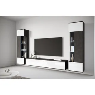OTTO home Wohnwand OTTO HOME "Kenia, Vitrine Türanschlag links/rechts wechselbar", schwarz-weiß (matera anthrazit, weiß hochglanz), B:270cm, Glas, Hartfaserplatte, Holzwerkstoff, Kunststoff, Kastenmöbel-Sets, Wohnwand, Vitrinen mit Eckverglasung, hängend und 