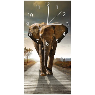 Wallario Design-Wanduhr Elefant bei Sonnenaufgang in Afrika aus Glas, Motiv-Uhr Größe 30 x 60 cm, weiße Zeiger