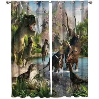 ZZTBQ Cartoon Dino Vorhänge Dinosaurier Winter Fenster Gardinen mit Ösen, Vorhang Blickdicht Verdunklungsvorhänge Thermovorhang für Wohnzimmer Deko 132x242 cm (BxH), 2er Set
