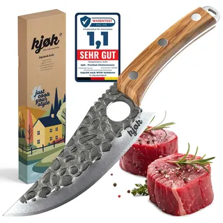 kjøk Premium Messer mit Hammerschlag-Optik – 148 mm Klinge (58±2 HRC) mit Fingerloch & Olivenholzgriff – Küchen- und Grillmesser für Fleisch, BBQ, Outdoor & Camping – mit Schutzhülle
