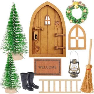 FGen Wichteltür Zubehör Weihnachten Set, Wichteltür Komplettset, Miniatur Wichtel Tür Weihnachten, Wichtel Tür Laterne Weihnachtsbaum Kranz Holzleiter Wichtelbesen Gummistiefel Teppich