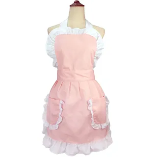 LilMents Damen Rüsche Outline Retro Schürze Küche Kuchen Backen Kochen Cleaning Maid Kostüm Mit Taschen rosa
