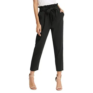 BKEPDY Hosen Damen Sommerhose Paperbag Hose mit Gürtel Elegante Capri Hose Leichte Stoffhose Palazzo Culotte Leinen Optik Marlenehose Büro Strand Freizeit - M