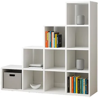 GERMAN Treppenregal Weiß 138 x 138 x 30 cm – Bücherregal mit 10 Fächern & Schublade – Offenes Stufenregal, Raumteiler & Ordnungssystem für Wohnzimmer, Schlafzimmer, Büro